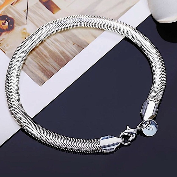 Sterling Silver Flat Snake Chain Necklace Matching Bracelet Set - Picture 6 of 10